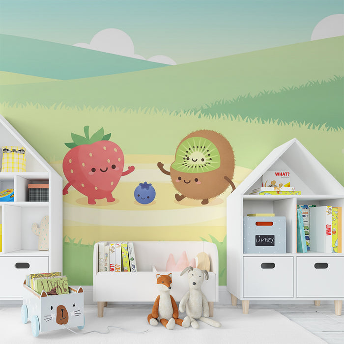 Papel de parede para quarto de criança | Frutas alegres numa paisagem ensolarada