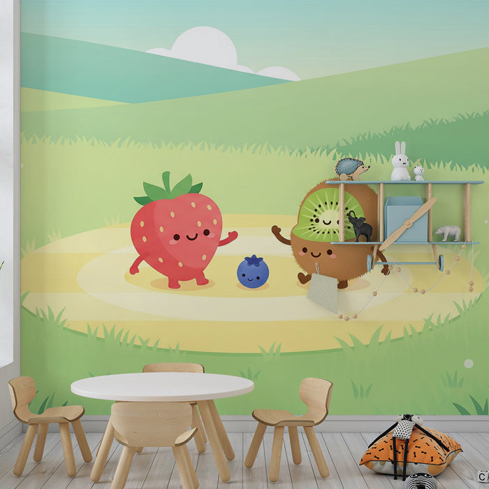 Papel de parede para quarto de criança | Frutas alegres numa paisagem ensolarada