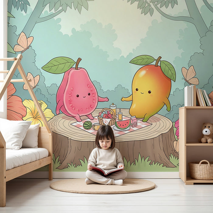 Papel pintado infantil | Frutas alegres en un picnic entre flores tropicales