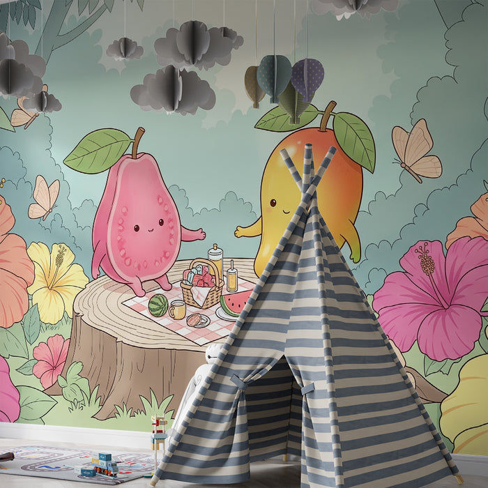 Papel pintado infantil | Frutas alegres en un picnic entre flores tropicales