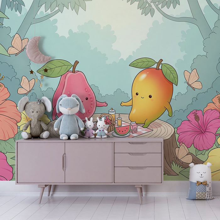 Papel pintado infantil | Frutas alegres en un picnic entre flores tropicales