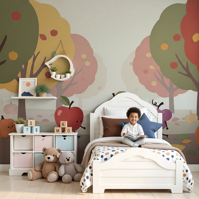Papel pintado infantil | Frutas alegres en un paisaje otoñal