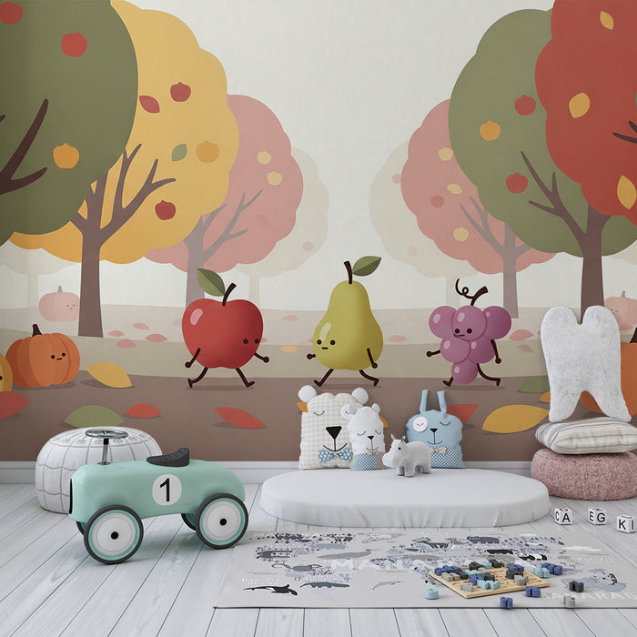 Papel pintado infantil | Frutas alegres en un paisaje otoñal