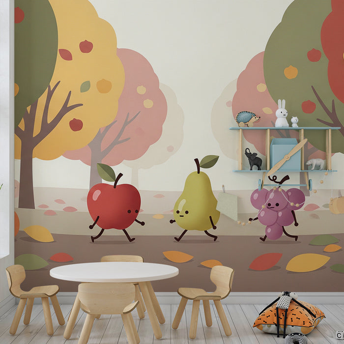 Papel pintado infantil | Frutas alegres en un paisaje otoñal