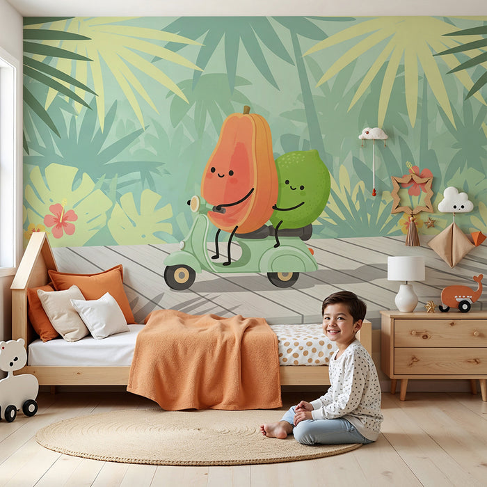 Kinderzimmer Tapete | Fröhliche Früchte auf dem Roller im Dschungel