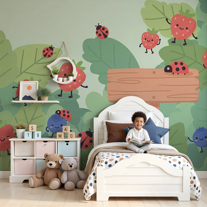 Papel de parede para quarto de criança | Frutos alegres e joaninhas num jardim exuberante