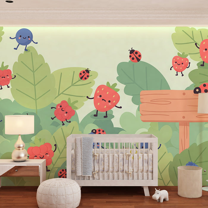 Papel de parede para quarto de criança | Frutos alegres e joaninhas num jardim exuberante
