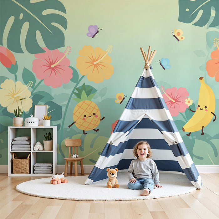 Papel de parede para quarto de criança | Frutas alegres e flores tropicais num cenário colorido