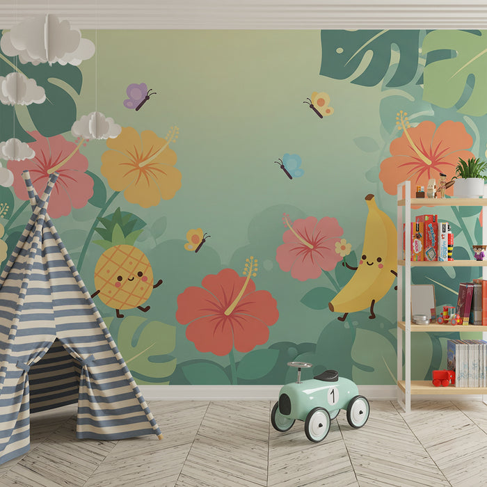 Papel de parede para quarto de criança | Frutas alegres e flores tropicais num cenário colorido