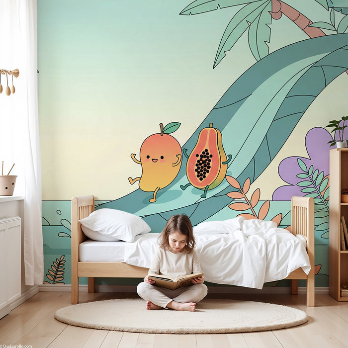 Papel pintado para habitación infantil | Frutas alegres y selva tropical colorida