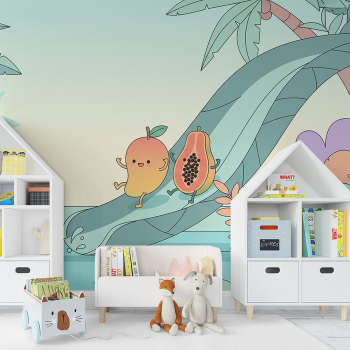 Papel pintado para habitación infantil | Frutas alegres y selva tropical colorida