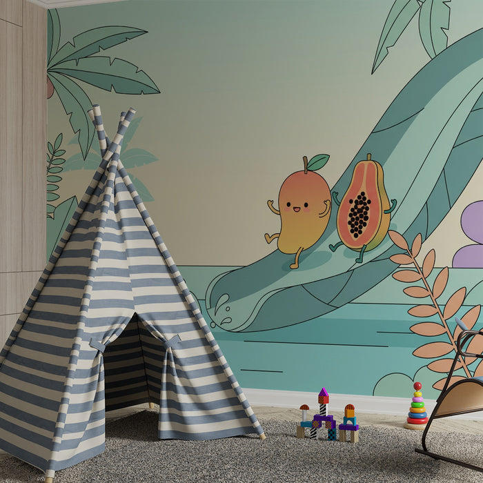 Papel pintado para habitación infantil | Frutas alegres y selva tropical colorida
