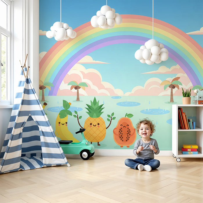 Tapet pentru camera copilului | Fructe vesele sub un curcubeu colorat