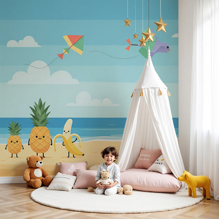 Papel pintado infantil | Frutas alegres en la playa con cielo azul