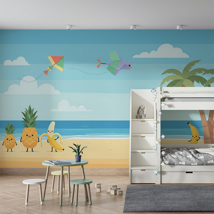 Papel pintado infantil | Frutas alegres en la playa con cielo azul