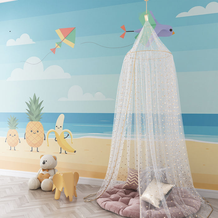 Papel pintado infantil | Frutas alegres en la playa con cielo azul