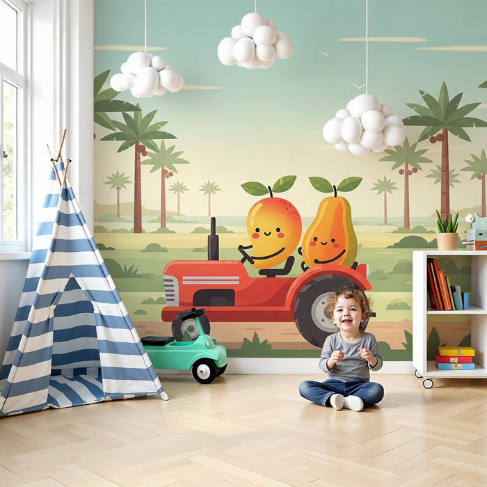 Papel de parede para quarto de criança | Frutas alegres num trator numa paisagem tropical