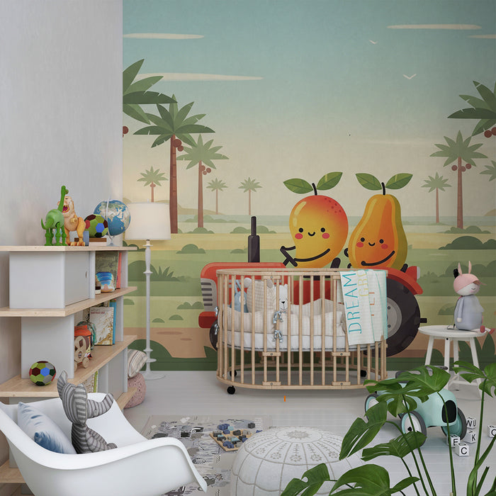 Papel de parede para quarto de criança | Frutas alegres num trator numa paisagem tropical