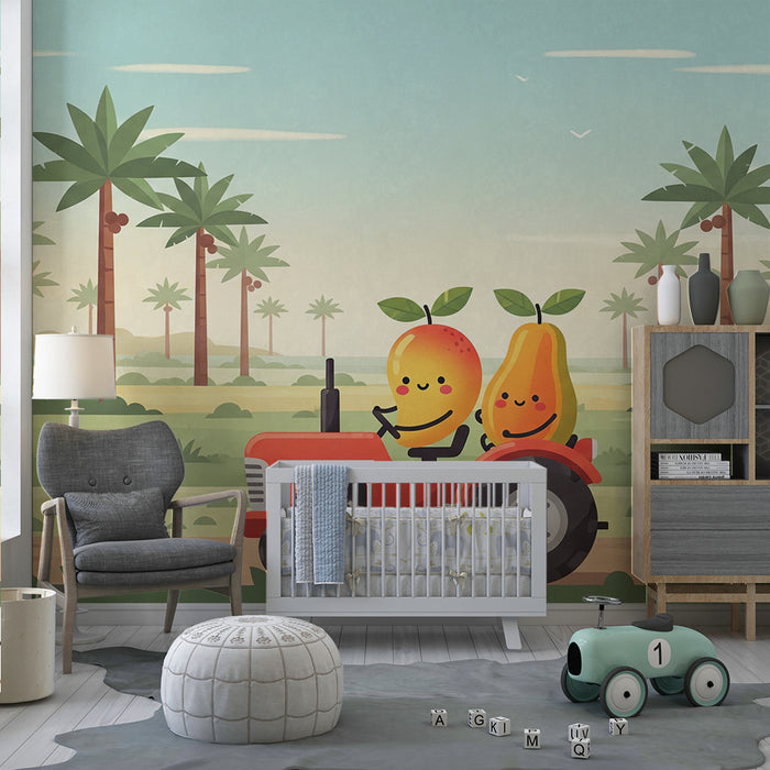Papel de parede para quarto de criança | Frutas alegres num trator numa paisagem tropical