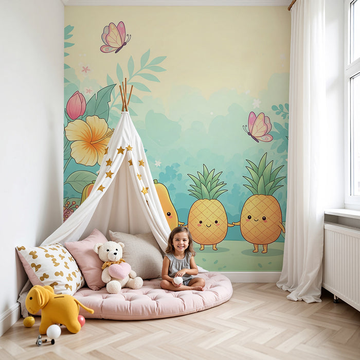 Carta da parati per cameretta | Frutta carina e fiori tropicali in un ambiente colorato