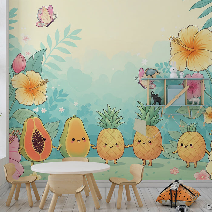 Carta da parati per cameretta | Frutta carina e fiori tropicali in un ambiente colorato