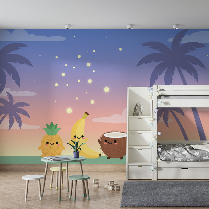 Tapet pentru camera copilului | Fructe adorabile sub un cer tropical