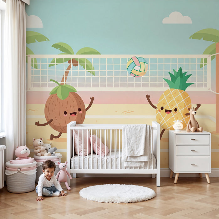 Kids' room wallpaper | Funny fruits playing volleyball on the beach