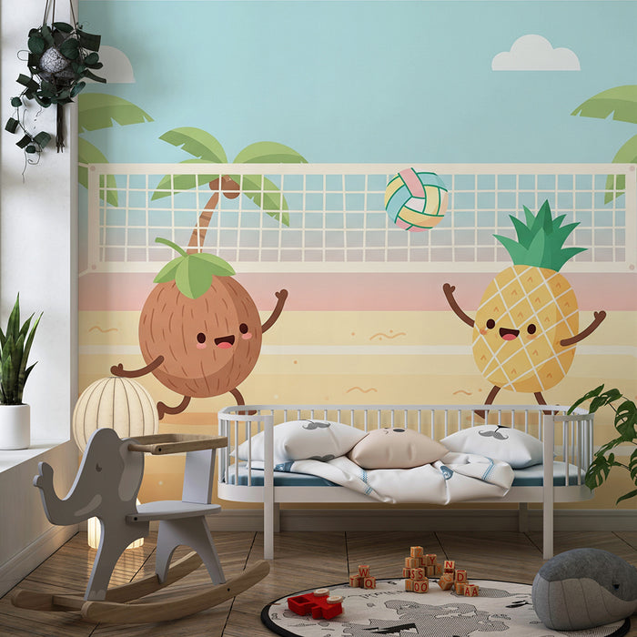 Kids' room wallpaper | Funny fruits playing volleyball on the beach