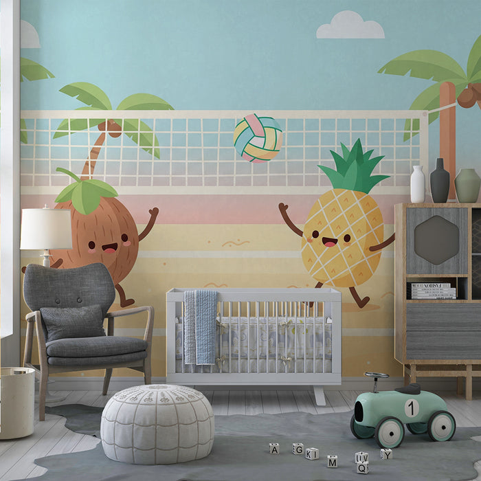 Kids' room wallpaper | Funny fruits playing volleyball on the beach