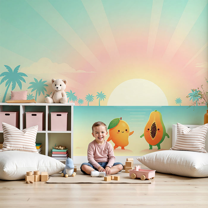 Carta da parati per cameretta | Frutti sorridenti al tramonto tropicale