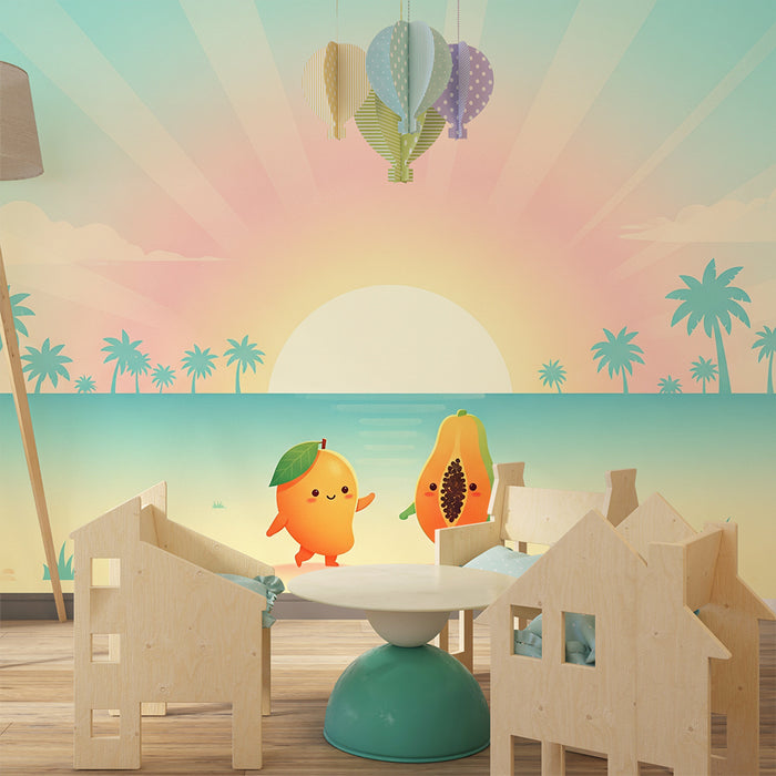 Carta da parati per cameretta | Frutti sorridenti al tramonto tropicale