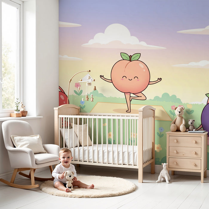 Behang kinderkamer | Vrolijke fruitvriendjes in de natuur