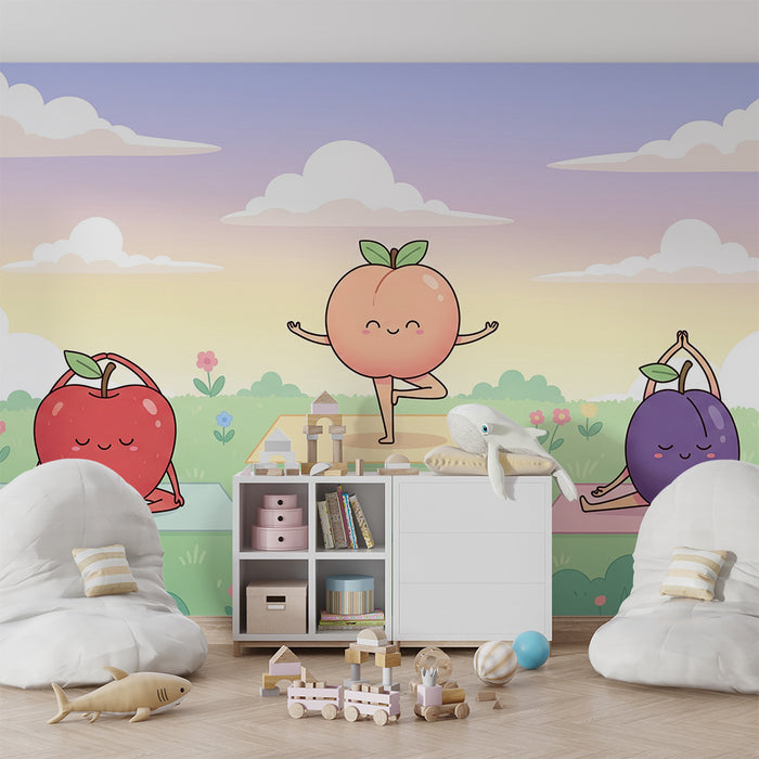 Behang kinderkamer | Vrolijke fruitvriendjes in de natuur