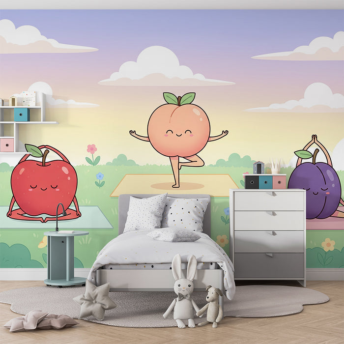 Behang kinderkamer | Vrolijke fruitvriendjes in de natuur