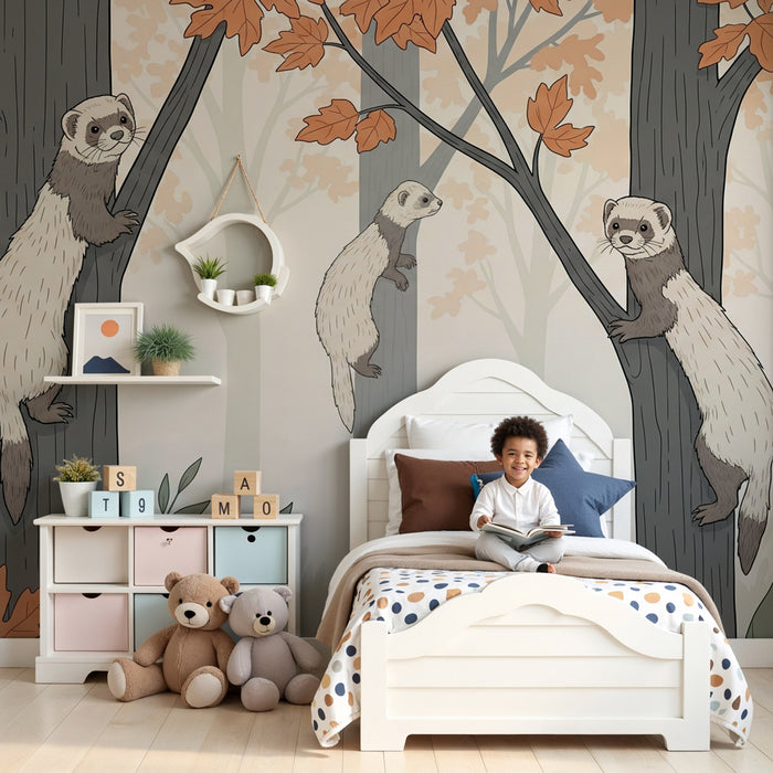 Kids room wallpaper | Playful ferrets in the forest
