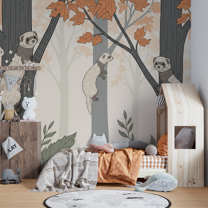 Kids room wallpaper | Playful ferrets in the forest