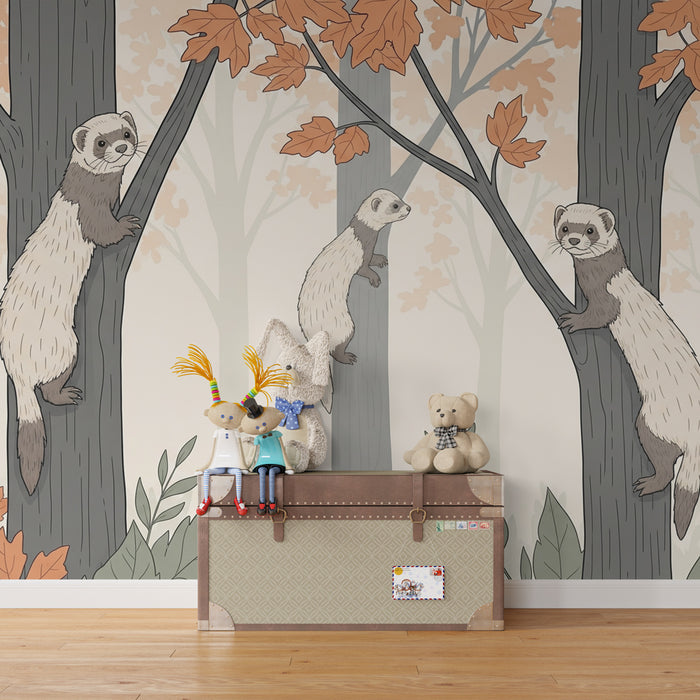 Kids room wallpaper | Playful ferrets in the forest
