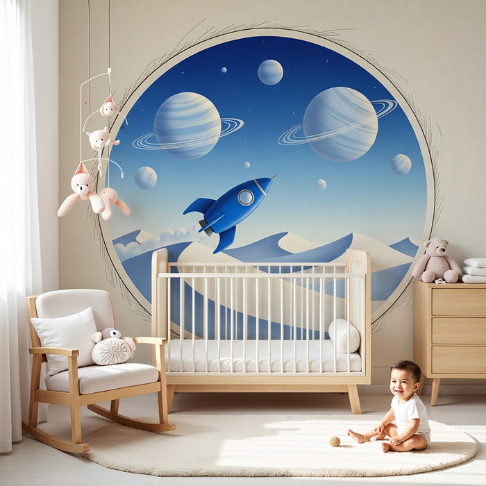 Behang kinderkamer | Blauwe raket in een intergalactisch landschap