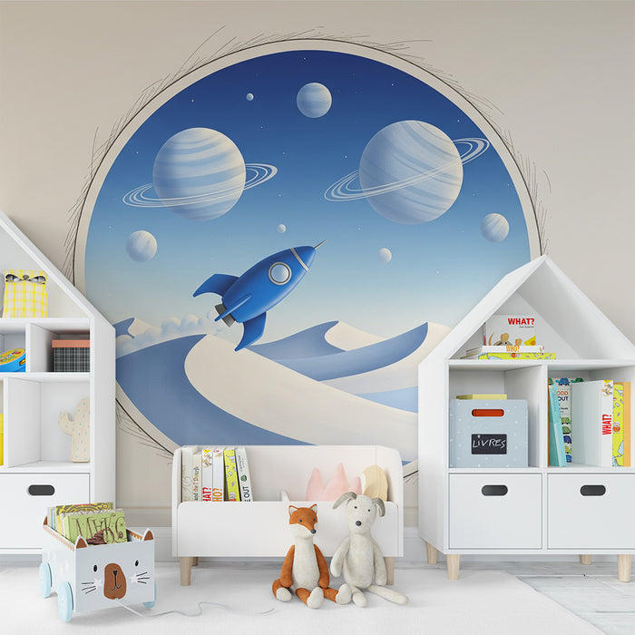 Behang kinderkamer | Blauwe raket in een intergalactisch landschap
