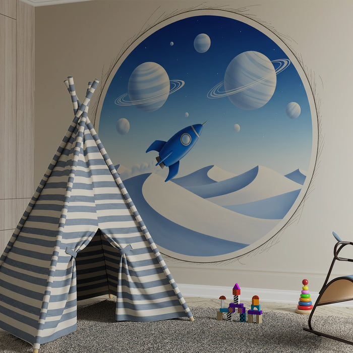 Behang kinderkamer | Blauwe raket in een intergalactisch landschap
