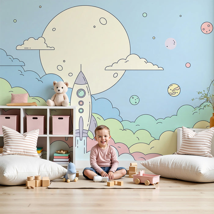 Kids room wallpaper | Colorful rocket in a starry sky with planets and clouds