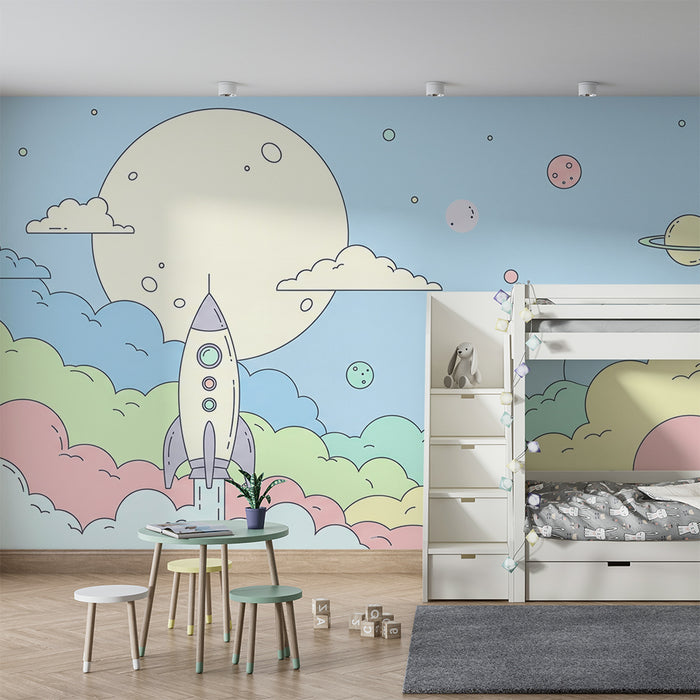Kids room wallpaper | Colorful rocket in a starry sky with planets and clouds