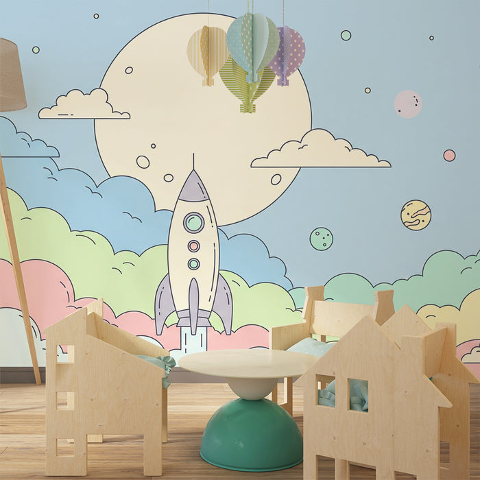 Kids room wallpaper | Colorful rocket in a starry sky with planets and clouds