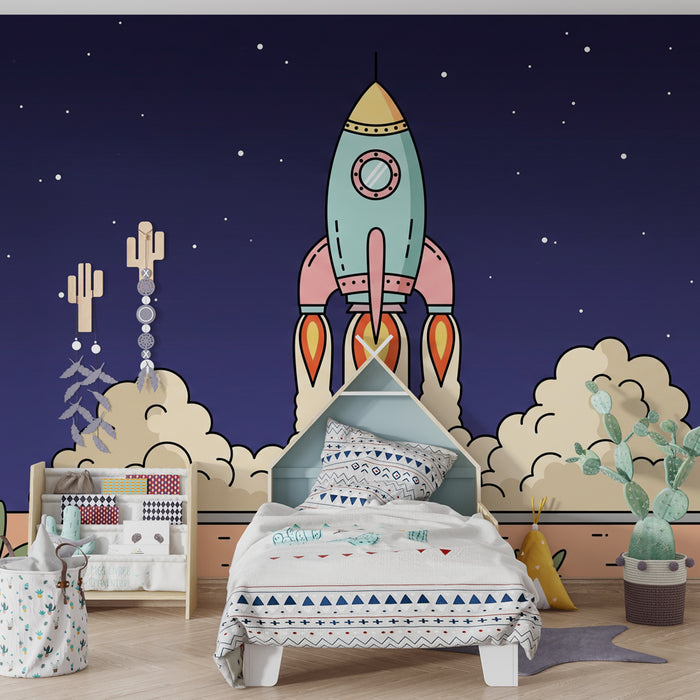 Kids room wallpaper | Colorful rocket and starry space