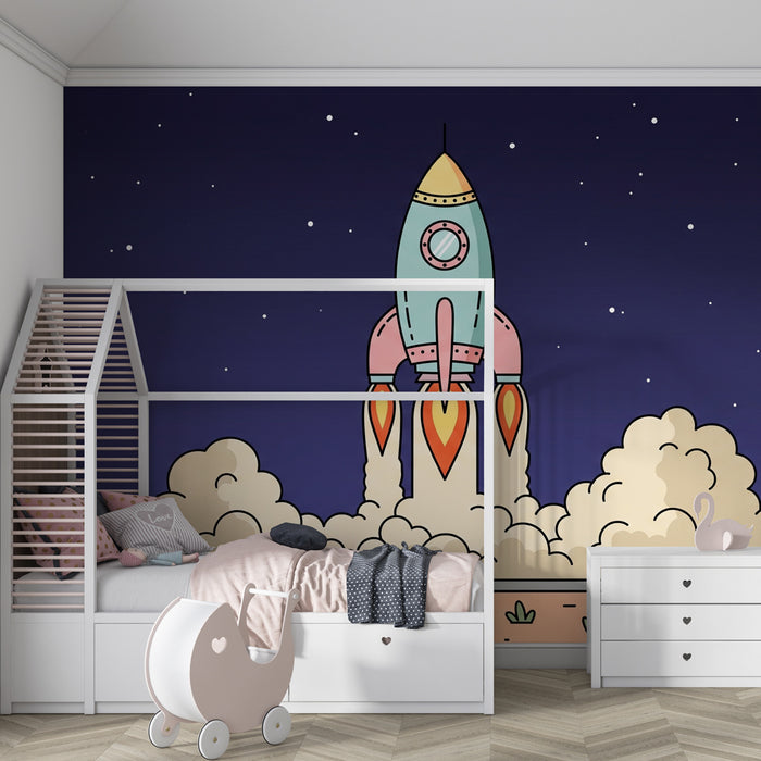 Kids room wallpaper | Colorful rocket and starry space