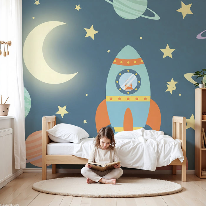 Papel pintado infantil | Cohete colorido y planetas en un cielo estrellado