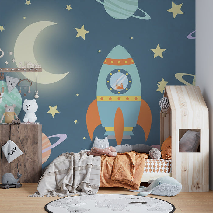 Papel pintado infantil | Cohete colorido y planetas en un cielo estrellado