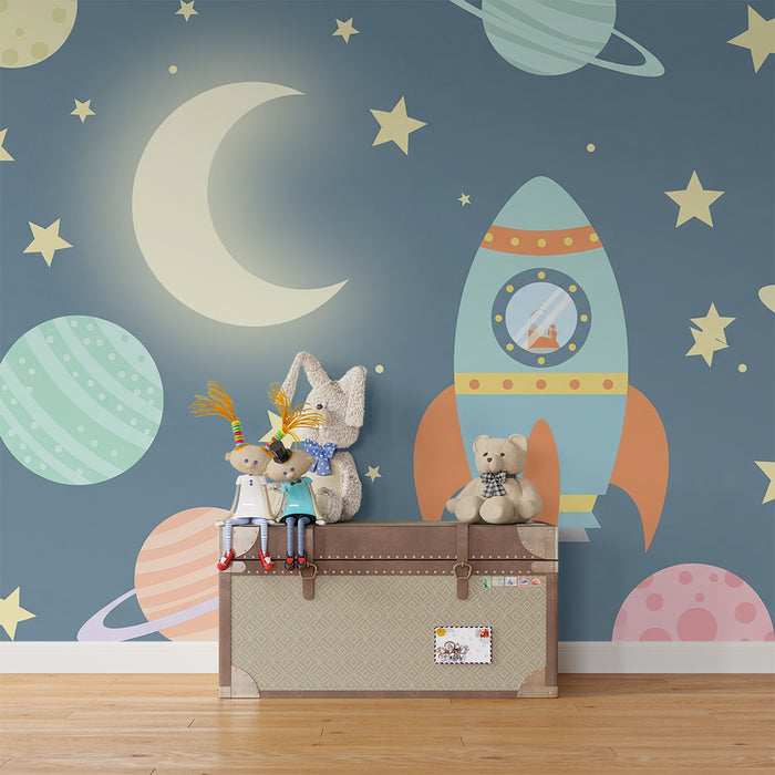 Papel pintado infantil | Cohete colorido y planetas en un cielo estrellado