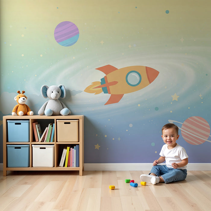 Kinderkamer behang | Kleurrijke raket en planeten in een sterrenuniversum