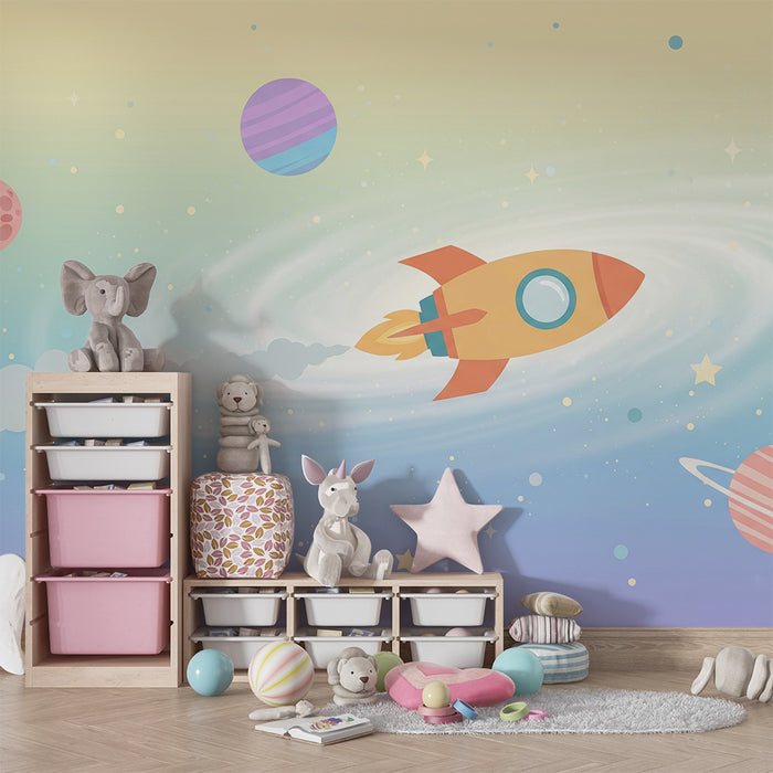 Kinderkamer behang | Kleurrijke raket en planeten in een sterrenuniversum